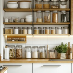 Modern Kitchen Shelf with Organized Jars and Containers for Cooking Ingredients and Culinary Essentials