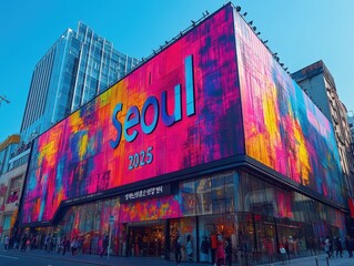 Vibrant Seoul Square Mall Facade in Urban Cityscape with Clear Skies and Passersby