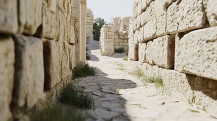 Ancient stone pathway with grass and sunlight.