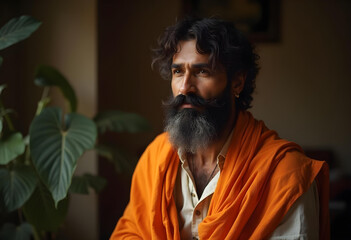 Obraz premium man with thick beard and curly hair, wearing orange shawl, sits thoughtfully by window surrounded by greenery. His expression conveys deep contemplation and serenity