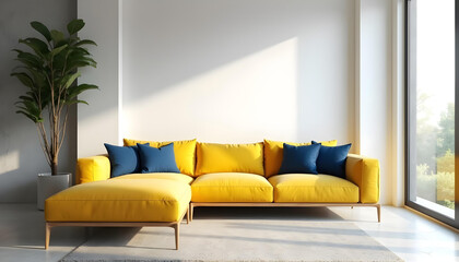 modern yellow sofa with blue cushions in bright living room, featuring natural light and potted plant. design is stylish and inviting, perfect for relaxation