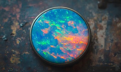 Vibrant opal cabochon in a metallic setting.
