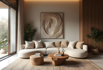modern living room featuring curved sofa, wooden coffee table, and natural decor. warm tones and textures create cozy atmosphere, perfect for relaxation