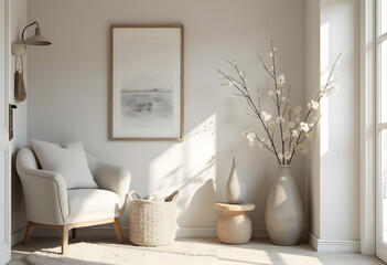 Fototapeta premium cozy living room corner featuring soft armchair, decorative vases, and minimalist aesthetic. Natural light enhances serene atmosphere, creating peaceful retreat