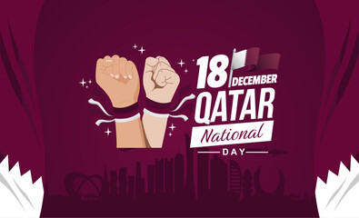 Elegant Qatar national day 2024 banner design with rising hand, flag and Doha skyline illustration. Qatar national day vector Illustration