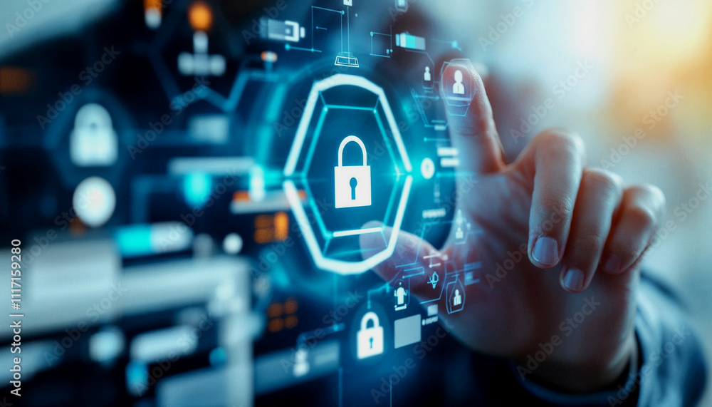 Poster a person's hand touching a digital security interface with various icons representing security, netw