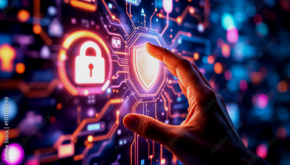 Poster a person's hand touching a digital security interface with various icons representing security, netw