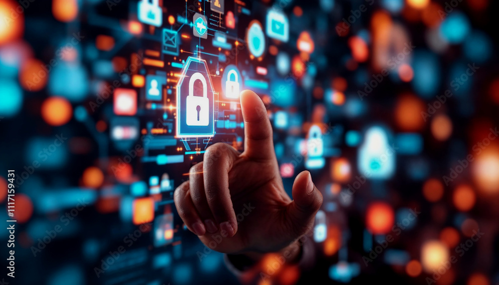 Poster a person's hand touching a digital security interface with various icons representing security, netw