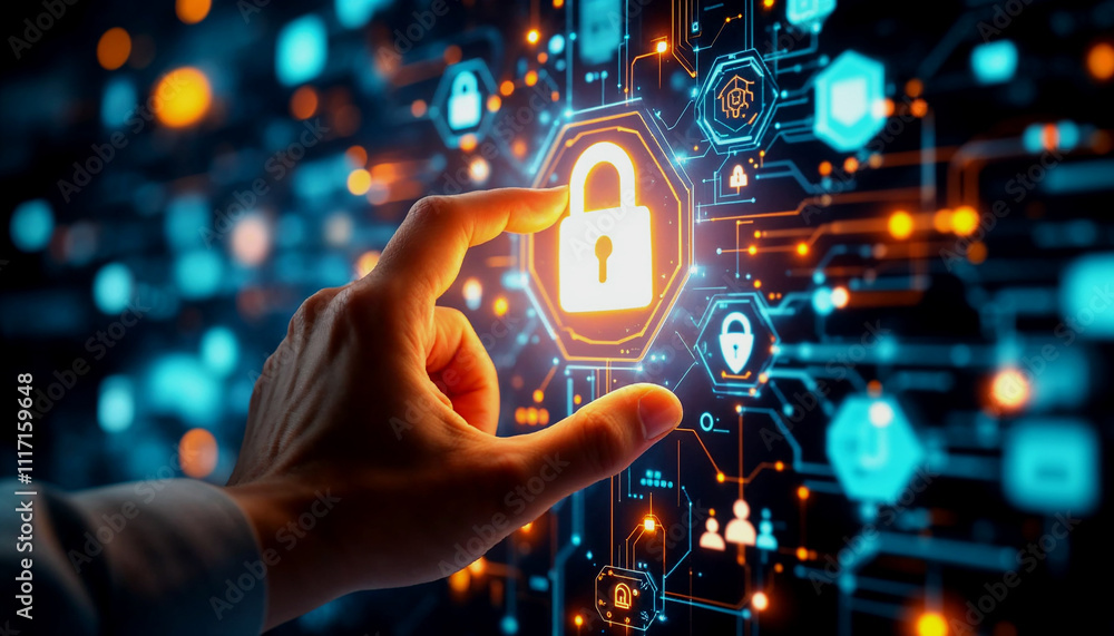 Poster a person's hand touching a digital security interface with various icons representing security, netw