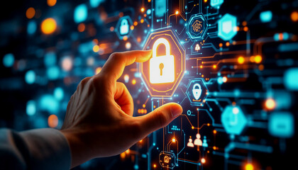 A person's hand touching a digital security interface with various icons representing security, network, and technology concepts