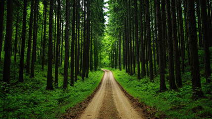 Obraz premium A scenic pathway through a lush green forest lined with tall trees and vibrant foliage.