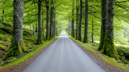 Fototapeta premium A scenic road lined with lush green trees, creating a peaceful and tranquil atmosphere.