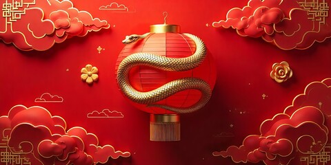 Happy Chinese new year traditional red lantern and snake spiral cloud relief with golden flower backgroun, year of the snake