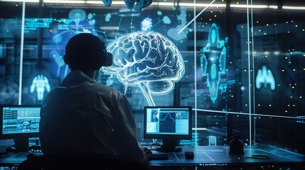 Neuroscientist analyzing data from a patients brain implant with holographic visuals floating around