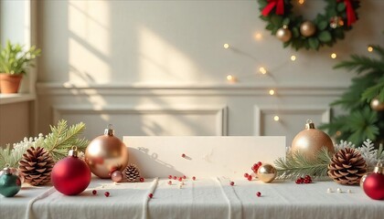 Merry Christmas banner draped across a studio table in a brightly lit room festive decorations like ornaments and pinecones
