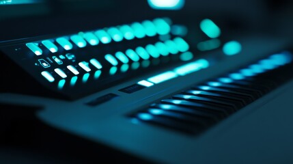 Close-up of luminous electronic keyboard buttons.