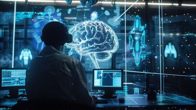 Neuroscientist analyzing data from a patients brain implant with holographic visuals floating around