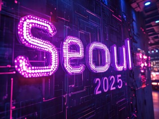 "Vibrant Night Scene - SEOUL 2025 Advertisement with Glowing City Skyline"