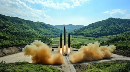 multiple ballistic missile launch from mountain area