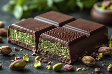 Delicate chocolate bar with green pistachio filling displayed on a dark surface amidst scattered nuts and mint leaves