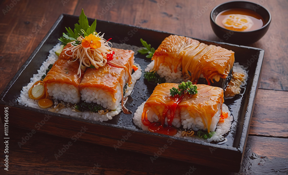 Poster A tray of sushi with a sauce and a bowl of sauce. The sushi is arranged in a way that makes it look like a small meal