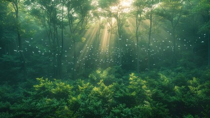 Obraz premium Sunbeams illuminate a misty forest with birds in flight.