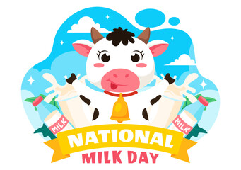Vector Illustration of National Milk Day Celebration on January 11th, featuring a Milk Bottle and Cute Cow in a Flat Style Cartoon Background