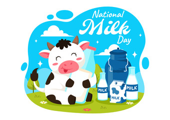 Naklejka premium Vector Illustration of National Milk Day Celebration on January 11th, featuring a Milk Bottle and Cute Cow in a Flat Style Cartoon Background