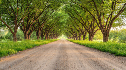 Obraz premium A serene dirt road lined with lush green trees, inviting peaceful walks or drives.