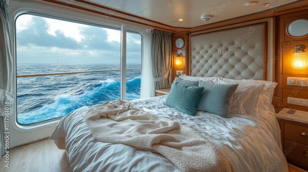 Poster a beautifully appointed bedroom on a cruise ship features elegant decor with a large window that fra