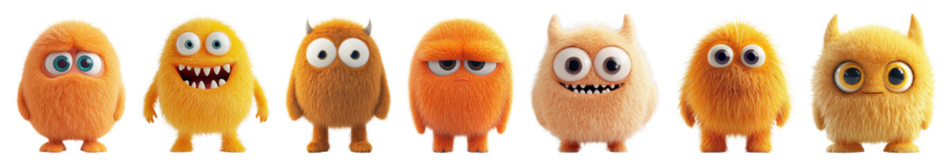 PNG Colorful fluffy cartoon monsters lineup. set on transparent background