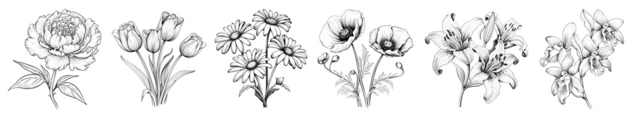 Obraz premium PNG Line art flower set on transparent background
