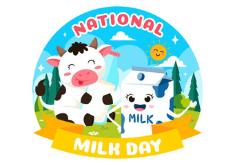 Naklejka premium Vector Illustration of National Milk Day Celebration on January 11th, featuring a Milk Bottle and Cute Cow in a Flat Style Cartoon Background