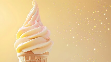 Ice cream cone with a cosmic glow on light yellow background