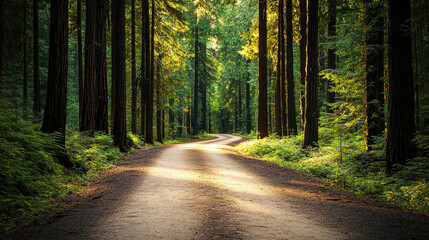 Naklejka premium A serene forest path illuminated by soft sunlight filtering through tall trees.