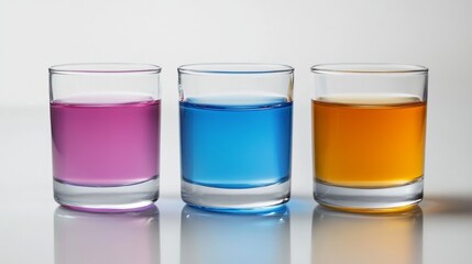 Colorful drinks in three glasses on a table.