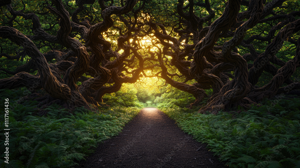 Aufkleber a serene forest path illuminated by sunlight filtering through twisted tree branches.