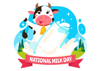 Vector Illustration of National Milk Day Celebration on January 11th, featuring a Milk Bottle and Cute Cow in a Flat Style Cartoon Background