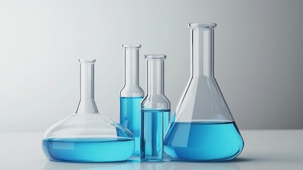 Colorful laboratory glassware with blue liquid.