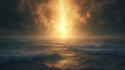 Fototapeta premium God Created the Universe by Sweeping Over the Waters and Declaring 'Let There Be Light' Bringing the First Illumination into Existence