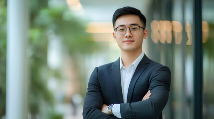 Portrait of a Confident Young Asian Businessman in a Modern Office Setting.