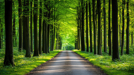 Obraz premium A serene forest path surrounded by vibrant green trees and soft morning light.