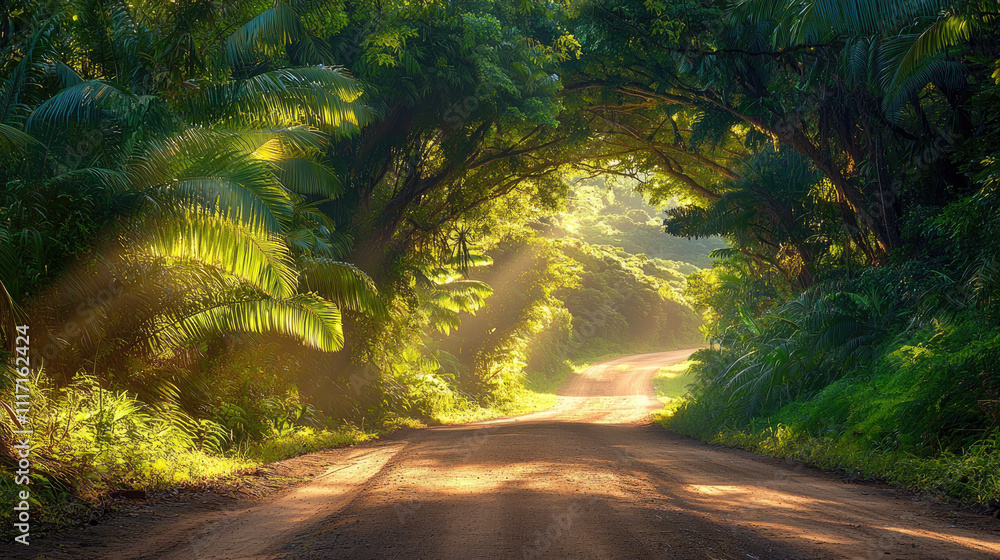 Poster A serene forest pathway illuminated by soft rays of sunlight through lush trees.