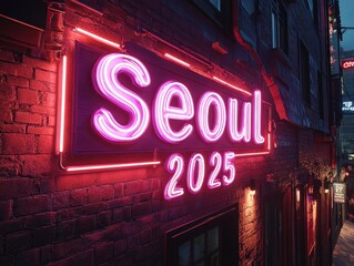 "Vibrant Neon 'SEOUL 2025' Sign - Futuristic Urban Nightscape"