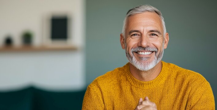 A smiling man in a cozy yellow sweater exudes warmth and happiness, set against a softly blurred background.