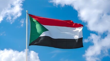 Sudan National Flag Waving Proudly Under a Clear Blue Sky – Celebrating Independence Day, Victory Day, and Honoring Sudanese Culture, Heritage, and National Unity