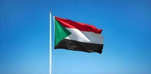 Sudan National Flag Waving Proudly Against a Clear Blue Sky – Celebrating Independence Day, Victory Day, and Honoring Sudanese Culture, Heritage, and National Unity