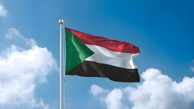 Sudan National Flag Waving Proudly Against a Clear Blue Sky – Celebrating Independence Day, Victory Day, and Honoring Sudanese Culture, Heritage, and National Unity
