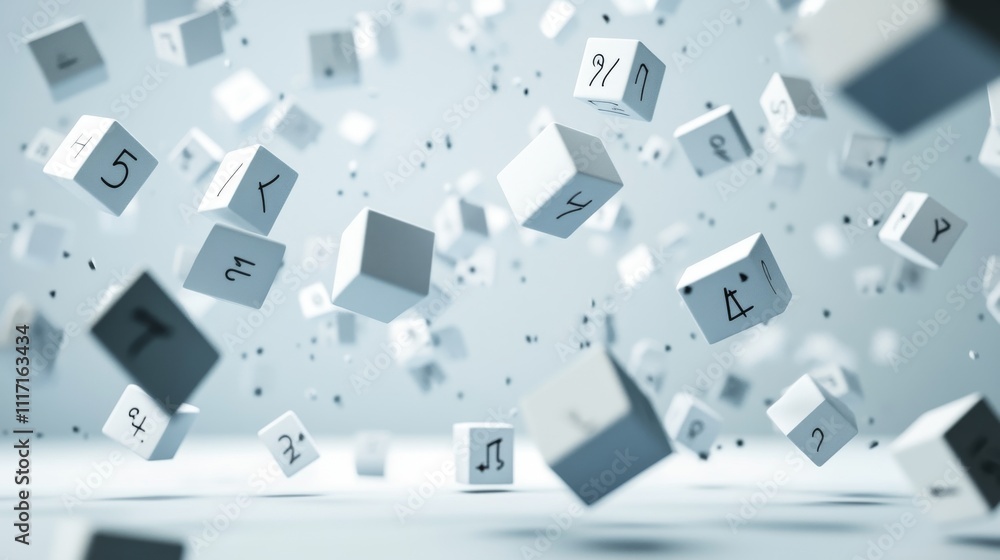 Poster floating cubes with various symbols and numbers.