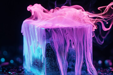 Dry ice cube with glowing neon pink, purple and blue smoke coming out against a dark background. Frozen carbon dioxide. 